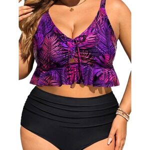 Daci Mens Plus Size Bikini Set High Waisted Ruffle Tummy Control Purple Leaf 14W